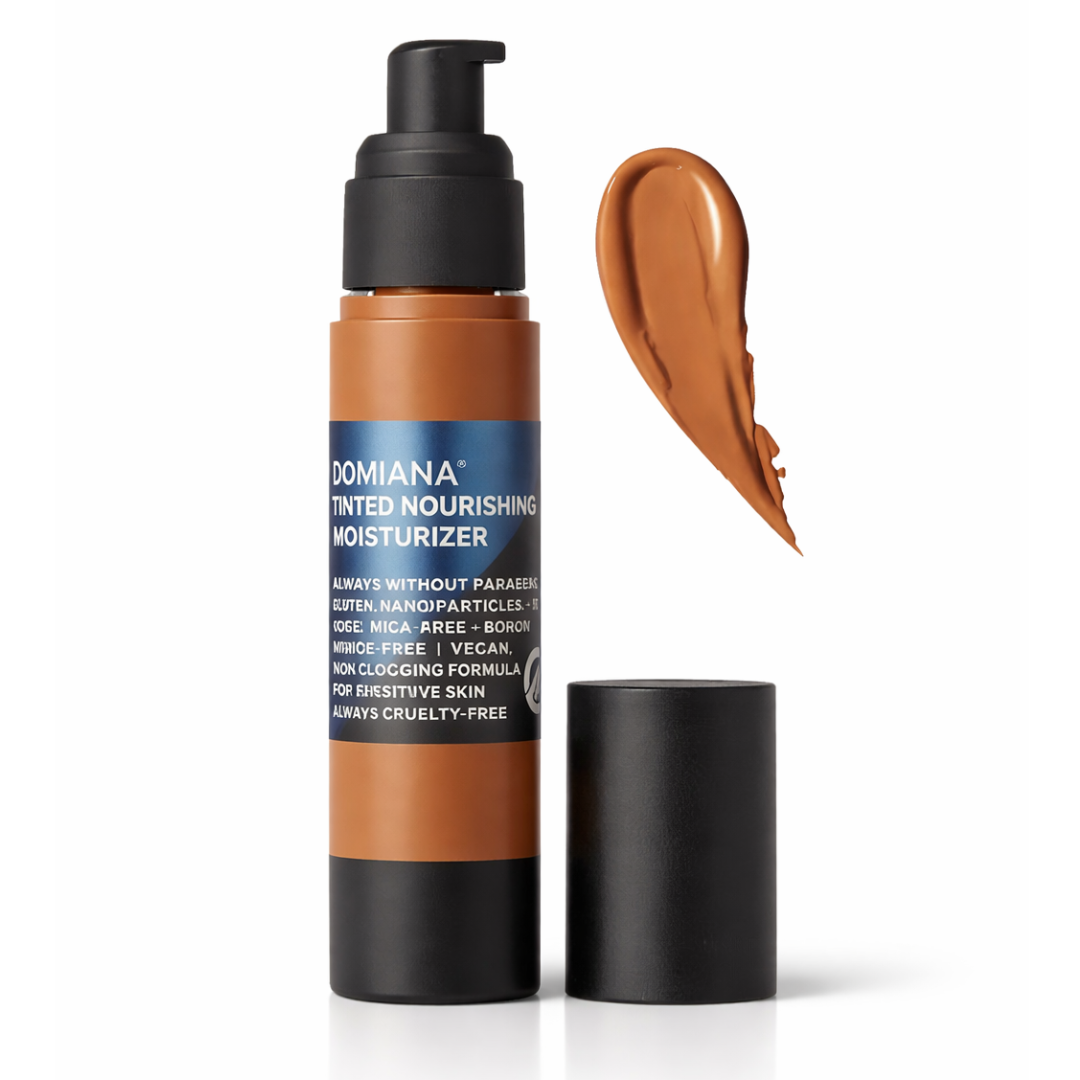 Tinted nourishing moisturizer bottle with applicator and swatch on a white background