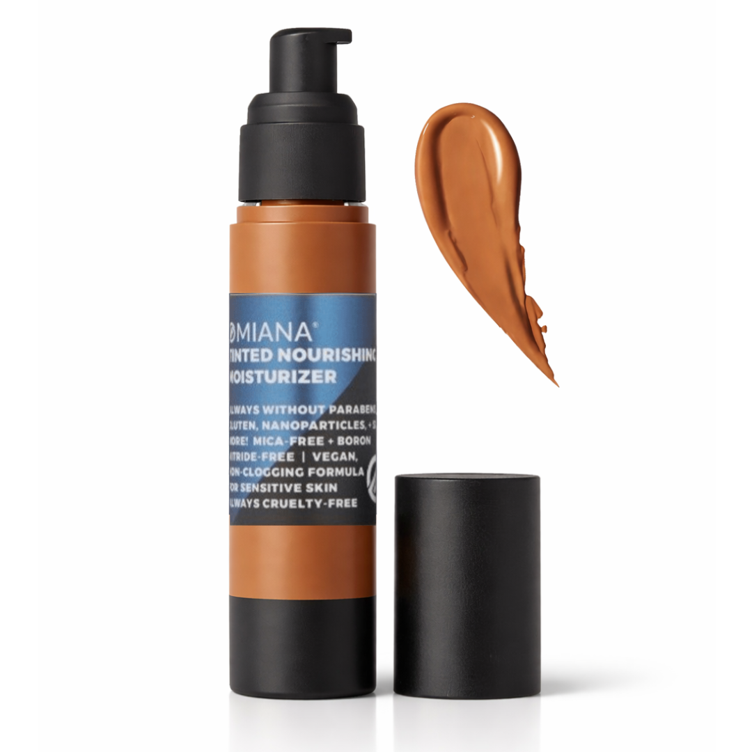 OMIANA tinted nourishing moisturizer with a swatch on a white background - Mica-Free, Boron Nitride-Free clean beauty makeup.