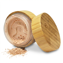 Open container of loose powder with a wooden lid on a white background